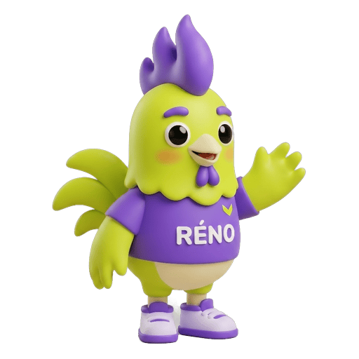 Réno, la mascotte Créno, fait signe de la main